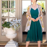 Model Wearing Alpine Cashmere's Featherweight Cinta Scarf in Blossom Pink and Camel