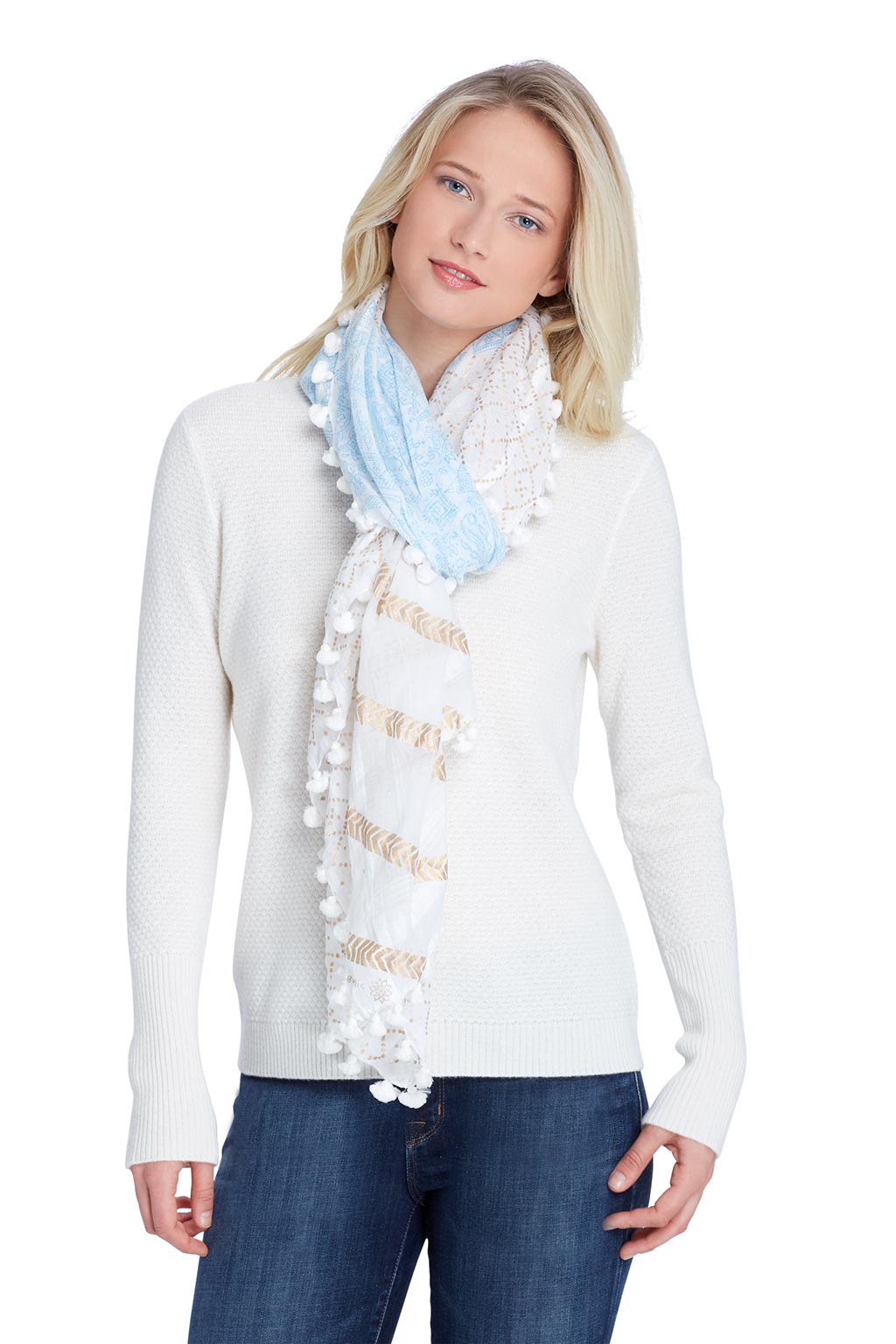 Model Wearing Alpine Cashmere's Fairy Tales Printed Dupatta in Blue