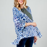 Model Wearing Alpine Cashmere's Leopard Scarf in Navy Blue