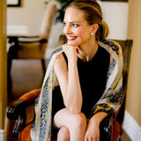 Model Wearing Alpine Cashmere Leopardo Scarf in Gold