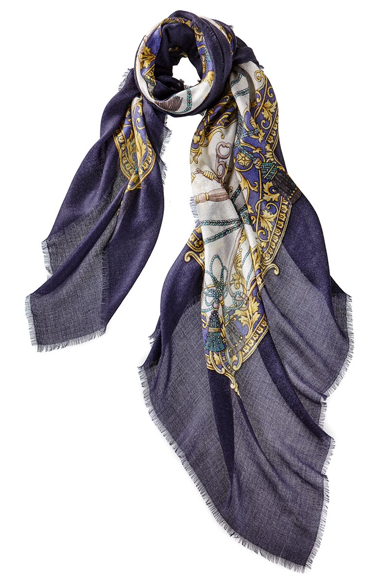 Alpine Cashmere Featherweight Square Printed Tassels Scarf in Navy Blue