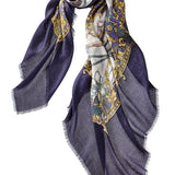 Alpine Cashmere Featherweight Square Printed Tassels Scarf in Navy Blue