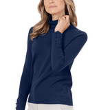 Pima Cotton Funnel Sweater with Covered Buttons - Navy Blue
