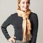 Model Wearing Alpine Cashmere Ripple Finish Scarf in Camel