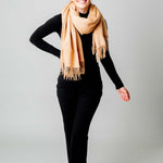 Model Wearing Alpine Cashmere Ripple Finish Wrap in Camel