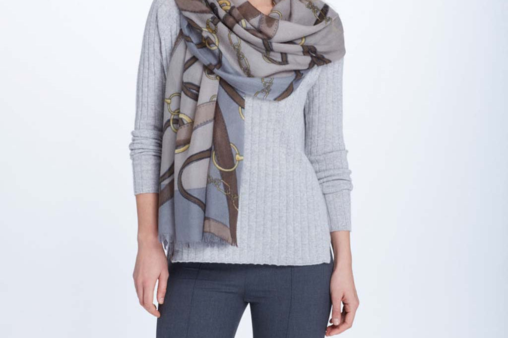 Model Wearing Alpine Cashmere's Featherweight Cavallo Scarf in Pecan