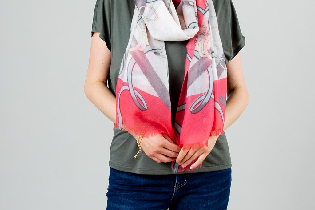 Model Wearing Alpine Cashmere's Featherweight Cavallo Scarf in Strawberry Pink
