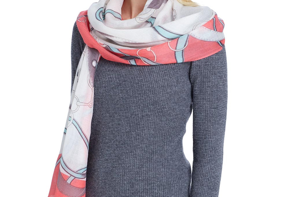 Model Wearing Alpine Cashmere's Featherweight Cavallo Scarf in Strawberry Pink