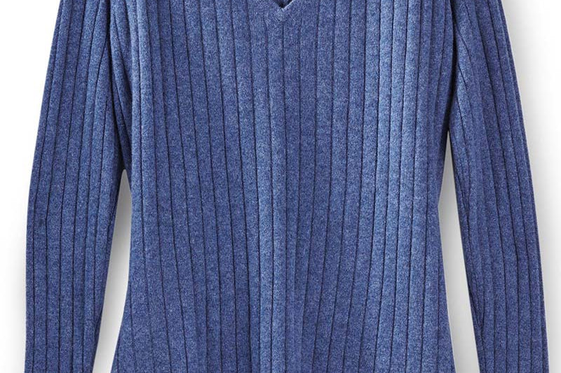 Alpine Cashmere's Celeste Ribbed Knit V-Neck Sweater in Denim Blue