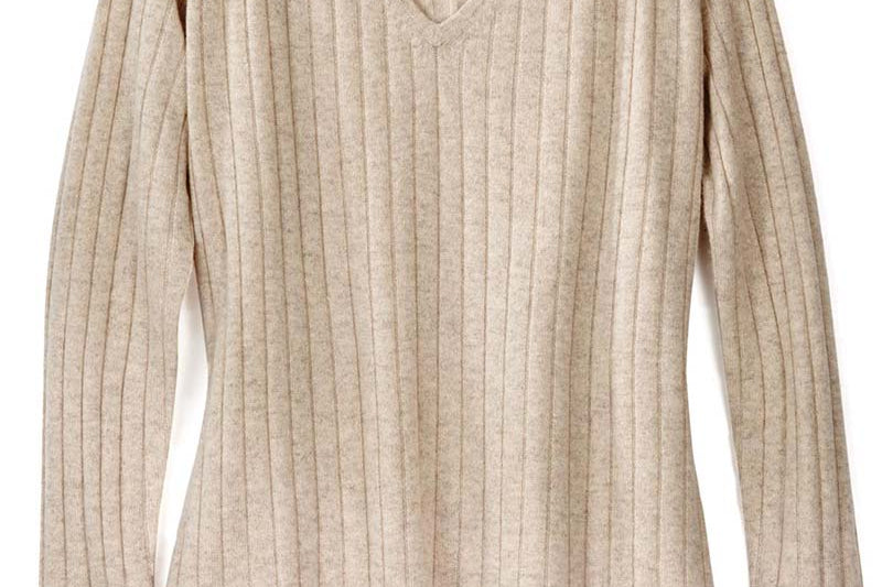 Alpine Cashmere's Celeste Ribbed Knit V-Neck Sweater in Sand