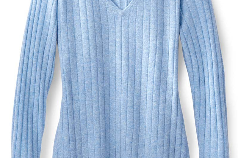 Alpine Cashmere's Celeste Ribbed Knit V-Neck Sweater in Sky Blue