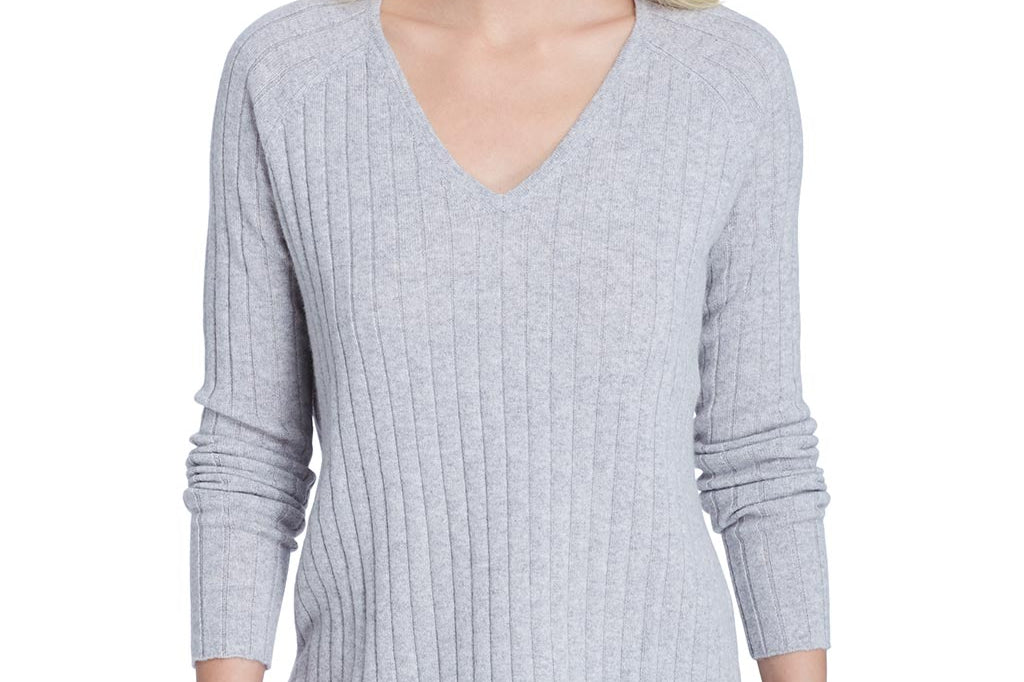 Model Wearing Alpine Cashmere's Celeste Ribbed Knit V-Neck Sweater in Birch Gray