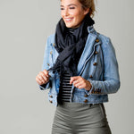 Model Wearing Alpine Cashmere Ripple Finish Wrap in Charcoal Gray