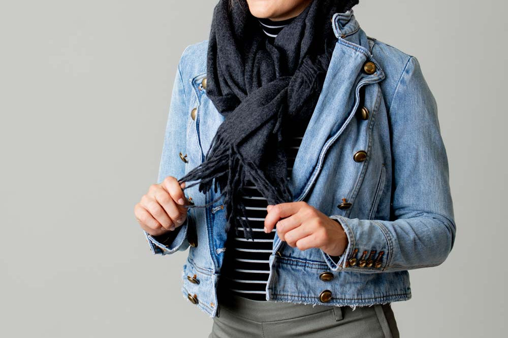 Model Wearing Alpine Cashmere Ripple Finish Wrap in Charcoal Gray