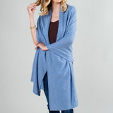 Model Wearing Alpine Cashmere's Luxurious Chunky Travel Wrap in Blue Mist