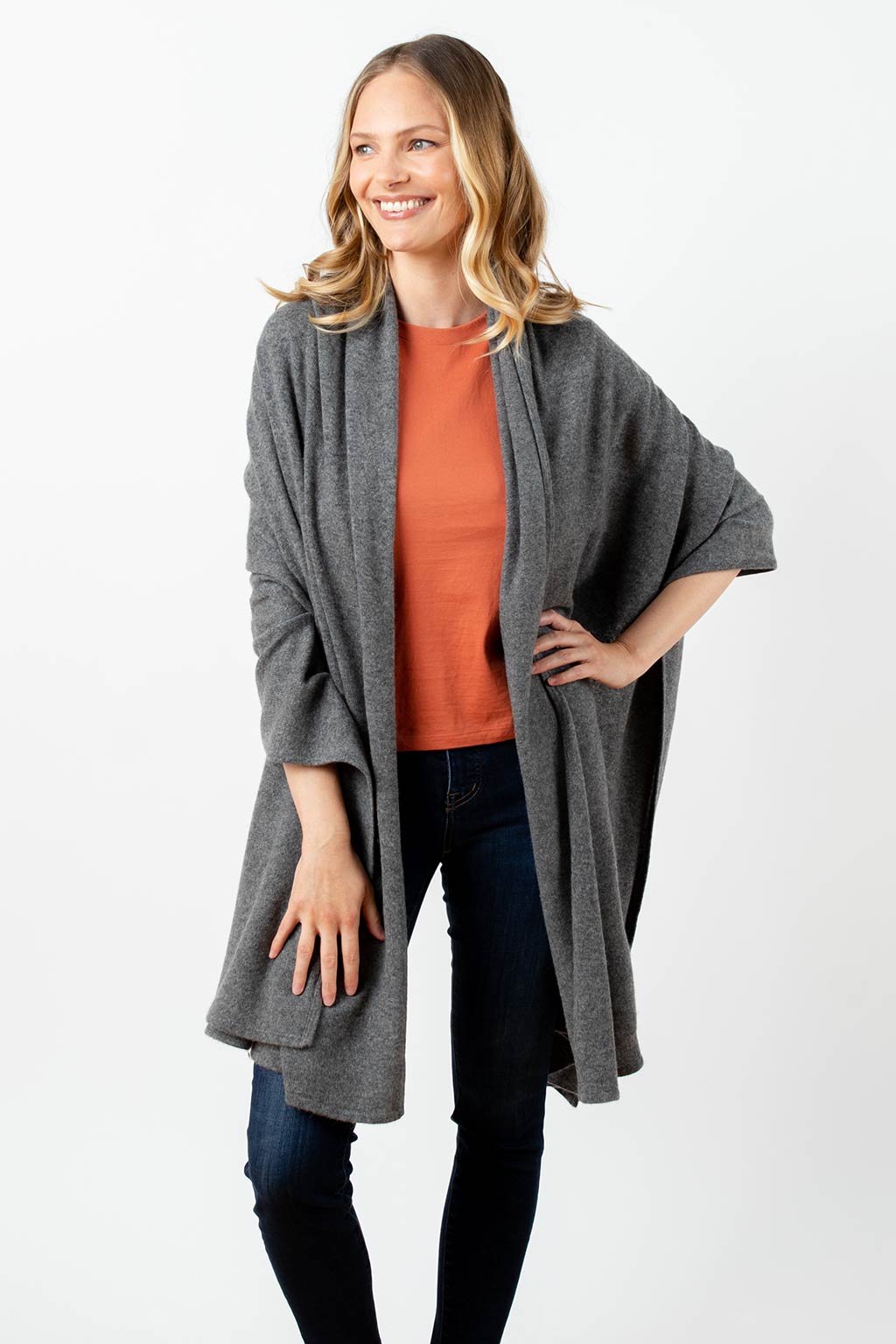 Model Wearing Alpine Cashmere's Luxurious Chunky Travel Wrap in Flannel Gray