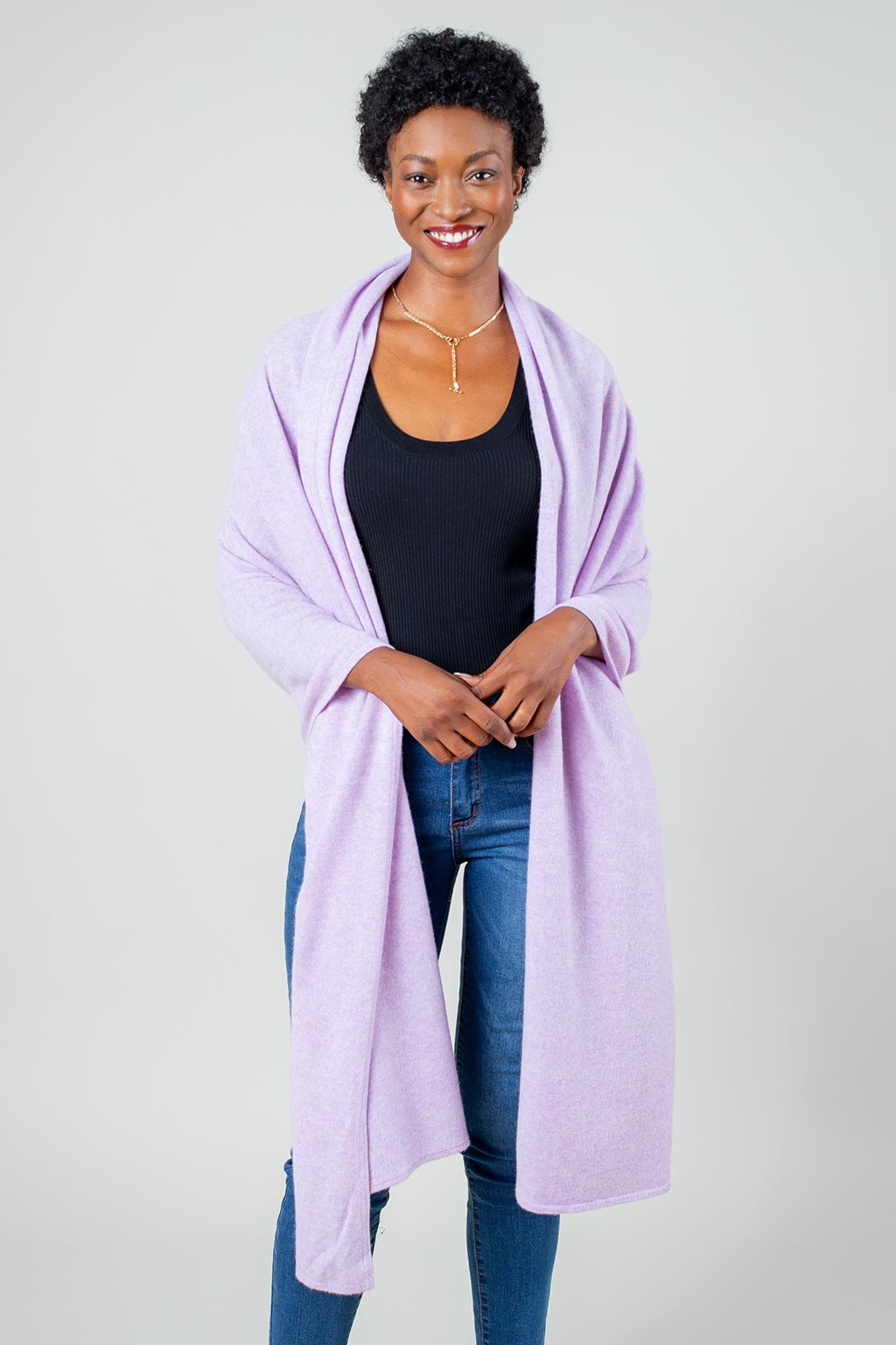 Model Wearing Alpine Cashmere's Luxurious Chunky Travel Wrap in Lilac Purple