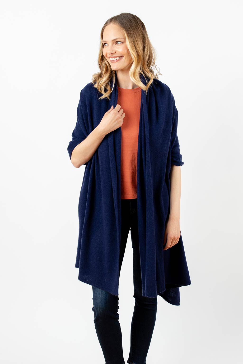 Model Wearing Alpine Cashmere's Luxurious Chunky Travel Wrap in Navy Blue