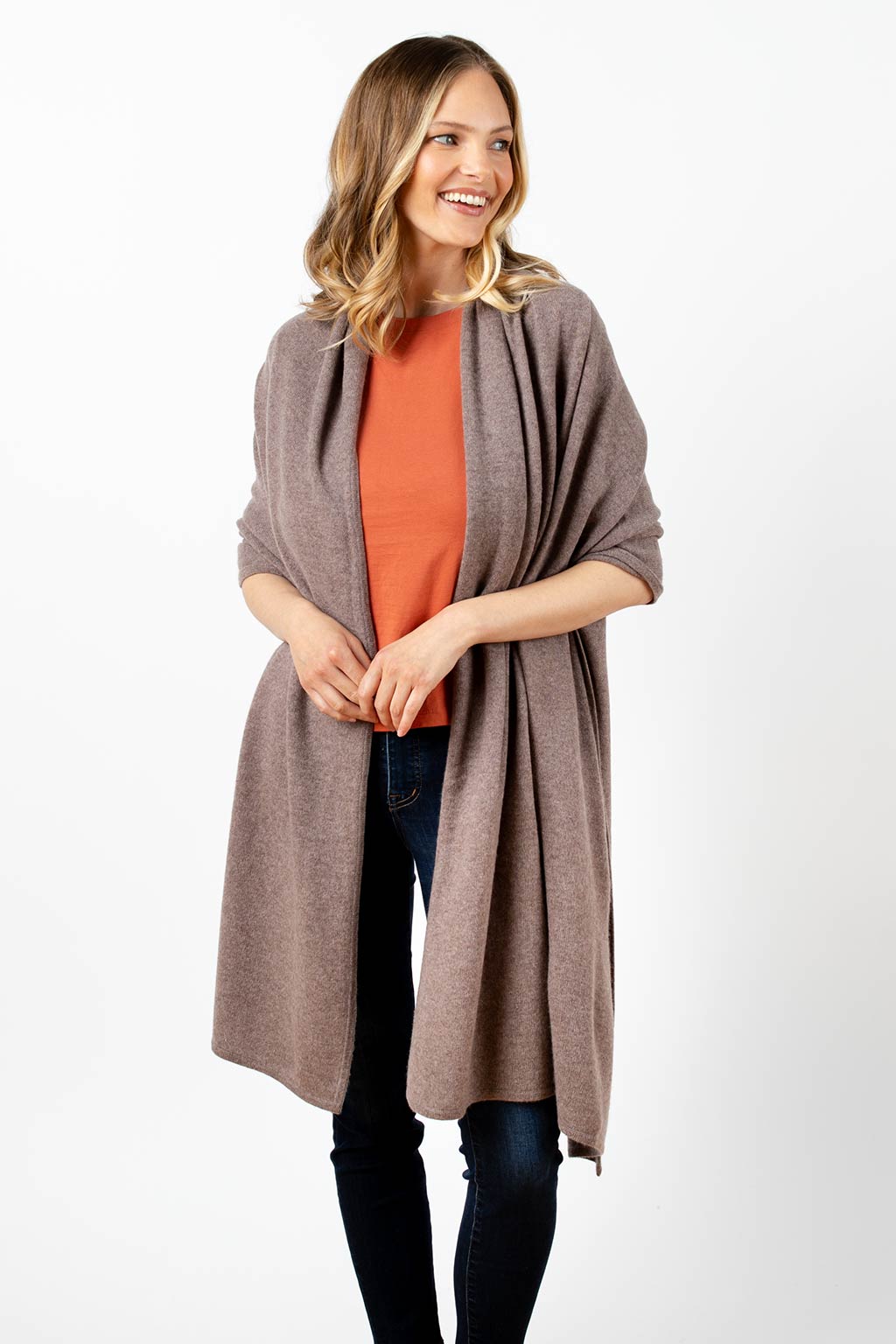 Model Wearing Alpine Cashmere's Luxurious Chunky Travel Wrap in Nutmeg Brown