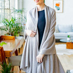 Model Wearing Alpine Cashmere's Luxurious Chunky Travel Wrap in Pewter Gray