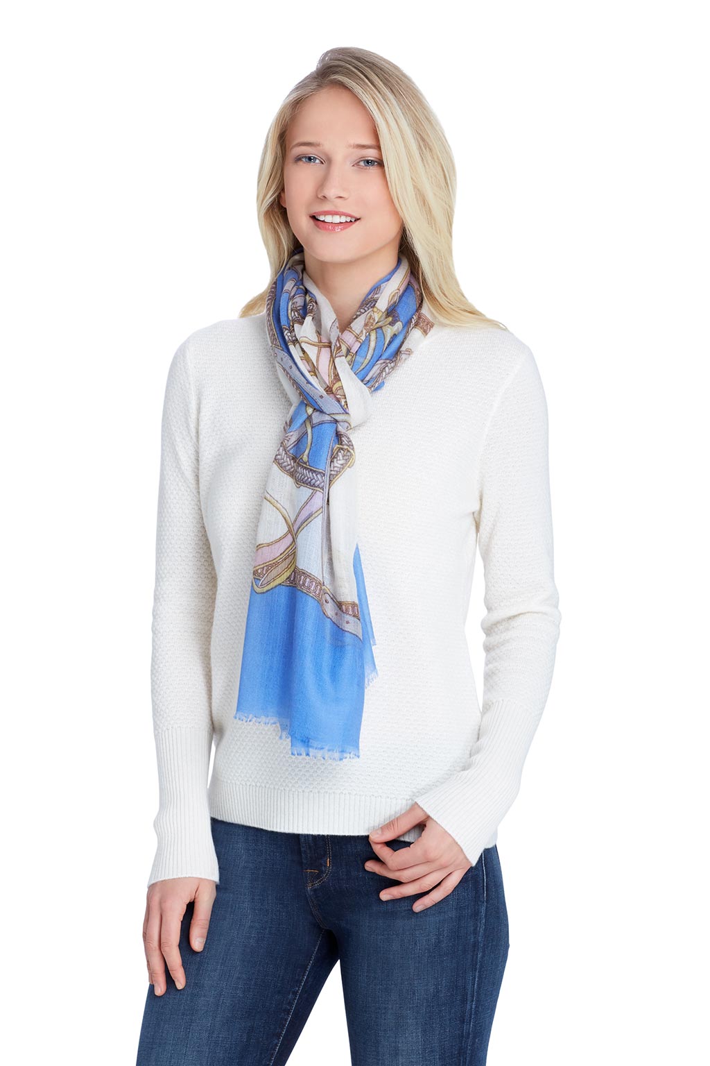 Model Wearing Alpine Cashmere's Featherweight Cinta Scarf in Lake Blue and Blush Pink