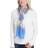 Model Wearing Alpine Cashmere's Featherweight Cinta Scarf in Lake Blue and Blush Pink