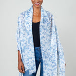 Model Wearing Alpine Cashmere Clouds Scarf in Blues