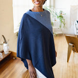 Model Wearing Alpine Cashmere Colorblock Poncho in Denim and Midnight