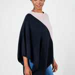 Model Wearing Alpine Cashmere Colorblock Poncho in Mocha and Black