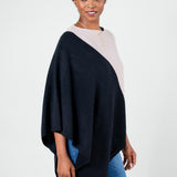 Model Wearing Alpine Cashmere Colorblock Poncho in Mocha and Black