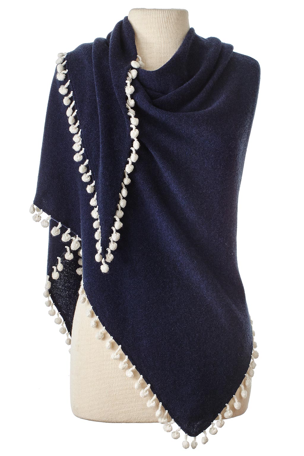 Alpine Cashmere Pom-Pom Triangle Wrap in Midnight Blue and Ivory