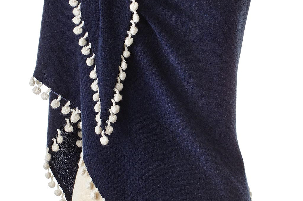 Alpine Cashmere Pom-Pom Triangle Wrap in Midnight Blue and Ivory