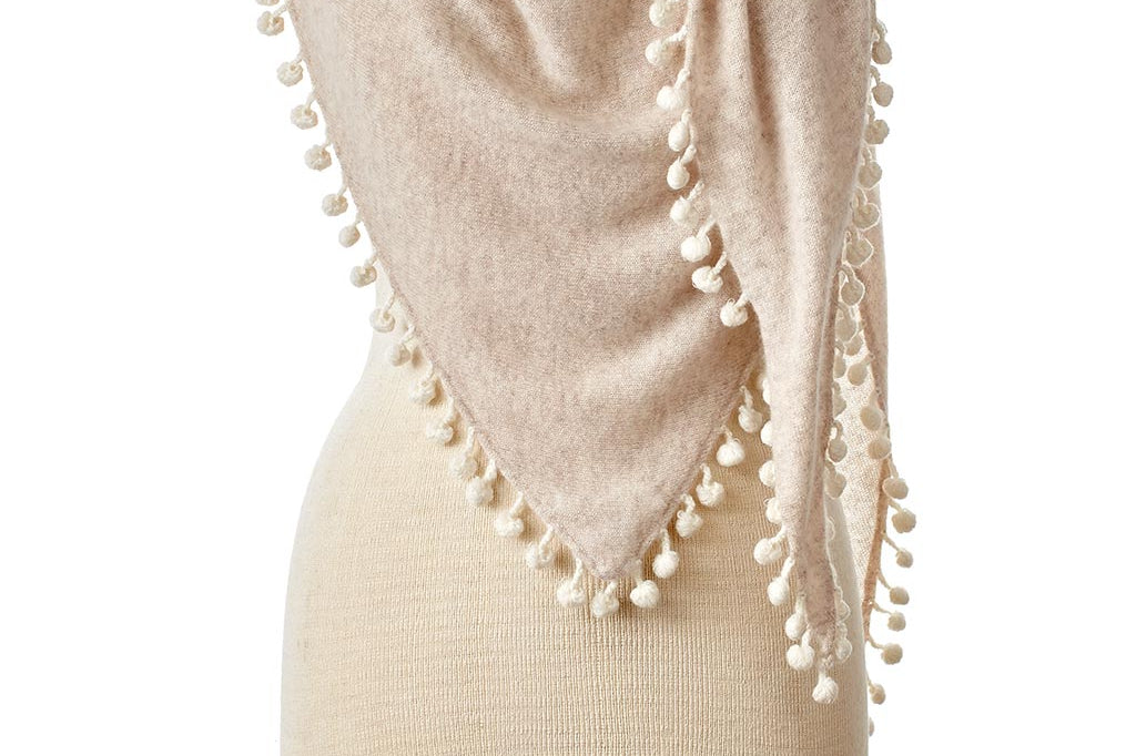 Alpine Cashmere Pom-Pom Triangle Wrap in Sand and Ivory