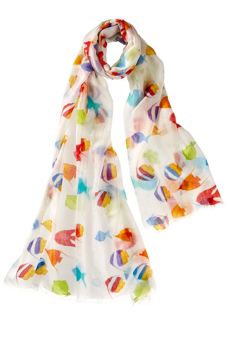 Alpine Cashmere Coral Reef Scarf with ivory background and a colorful tropical fish print.
