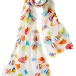 Alpine Cashmere Coral Reef Scarf with ivory background and a colorful tropical fish print.