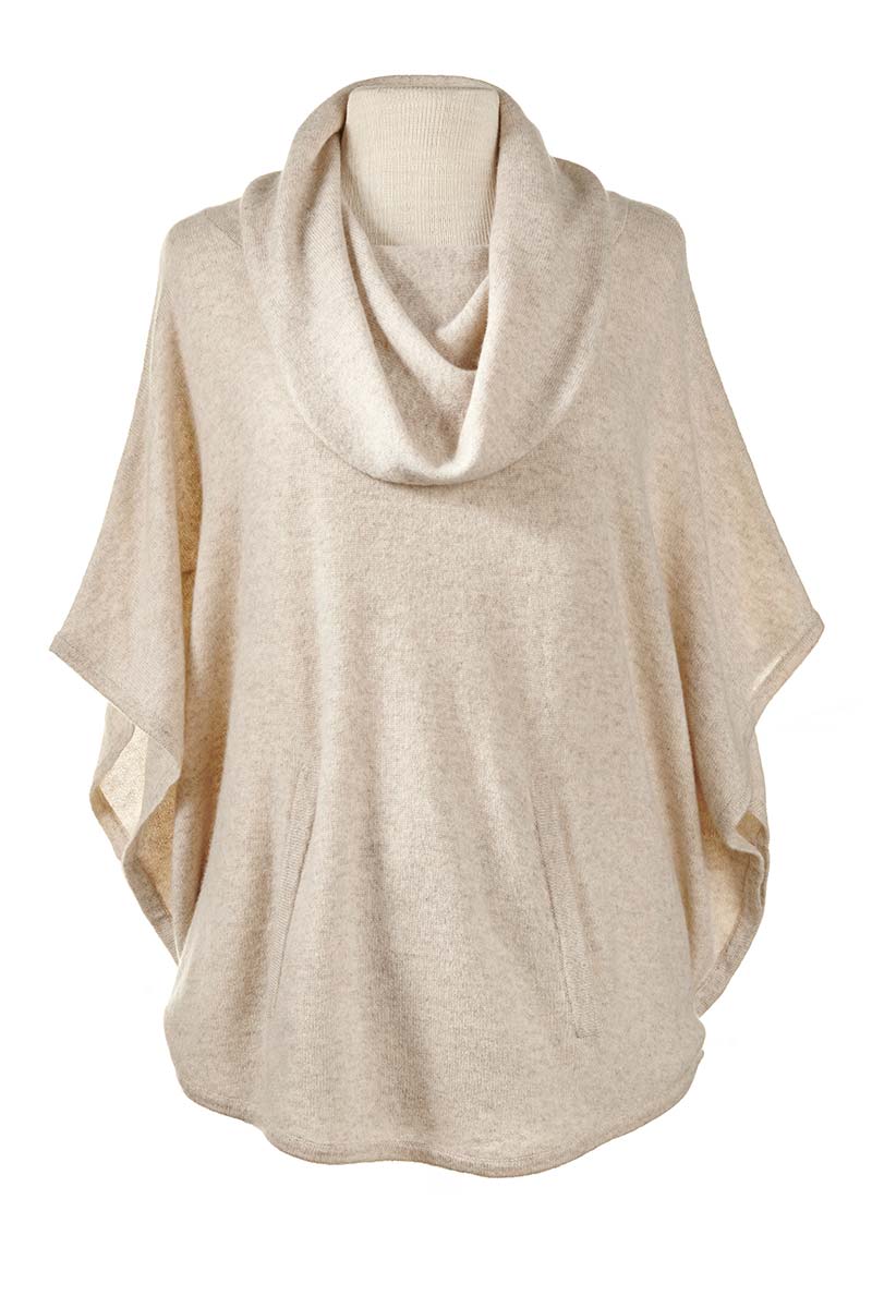 Alpine Cashmere Cowl Neck Poncho in sand featuring a kangaroo pocket