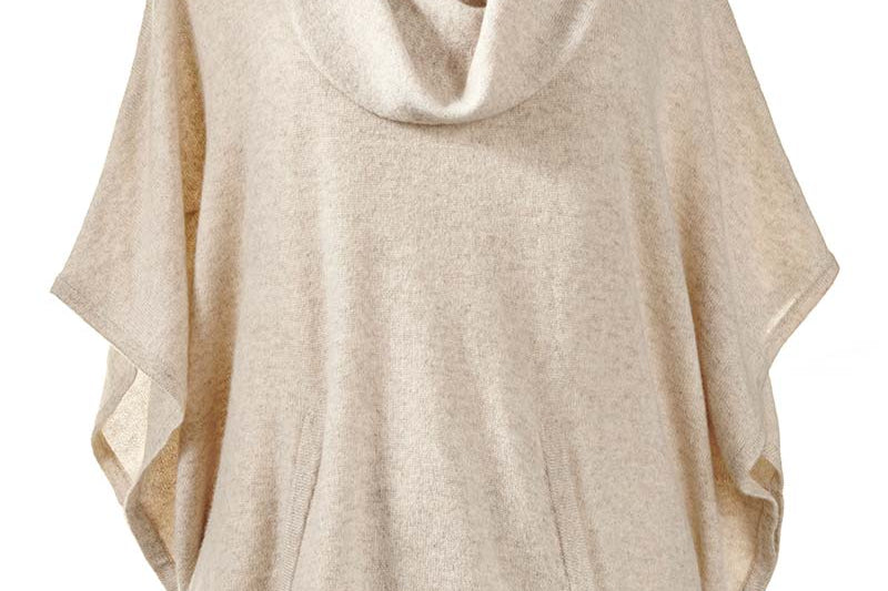 Alpine Cashmere Cowl Neck Poncho in sand featuring a kangaroo pocket