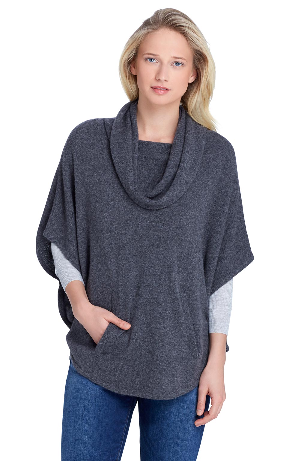 Model wearing the Alpine Cashmere Cowl Neck Poncho featuring a kangaroo pocket