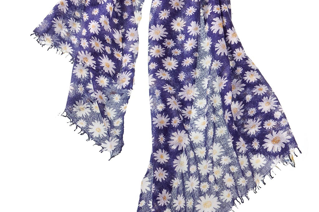 Alpine Cashmere daisy print scarf in blueberry blue