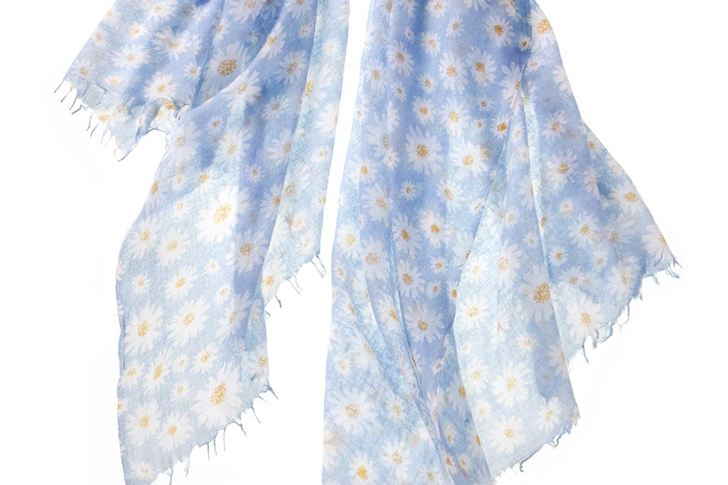 Alpine Cashmere daisy print scarf in sky blue