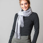 Model Wearing Alpine Cashmere Ripple Finish Scarf in Dove Gray