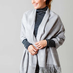 Model Wearing Alpine Cashmere Ripple Finish Wrap in Dove Gray