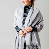 Model Wearing Alpine Cashmere Ripple Finish Wrap in Dove Gray