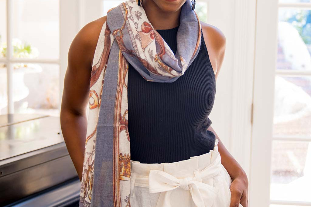 Model Wearing Alpine Cashmere's Featherweight Equestrian-Inspired Equino Scarf in Steel Gray
