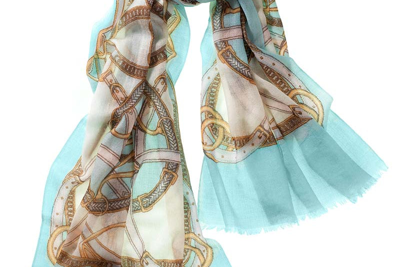 Alpine Cashmere's Featherweight Cinta Scarf in Aqua Blue and Blush Pink