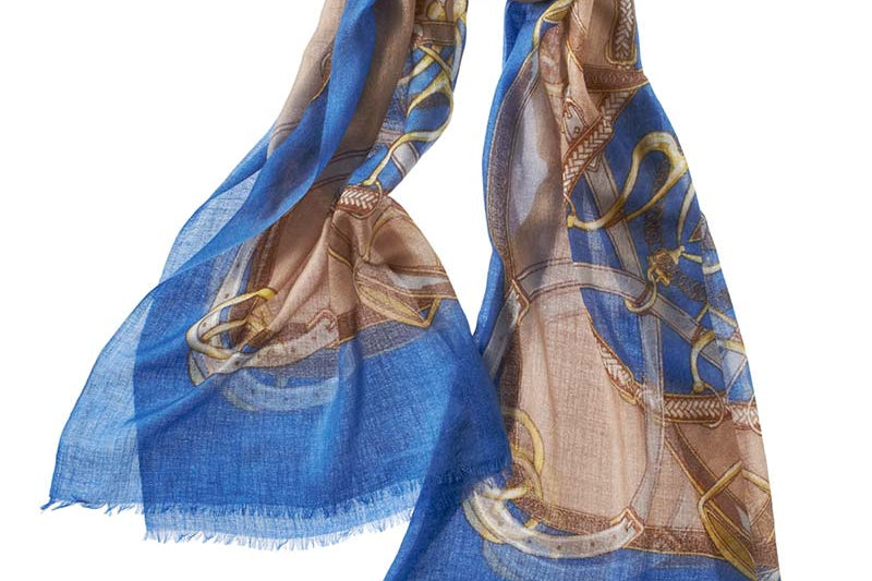 Alpine Cashmere's Featherweight Cinta Scarf in Cornflower Blue and Camel