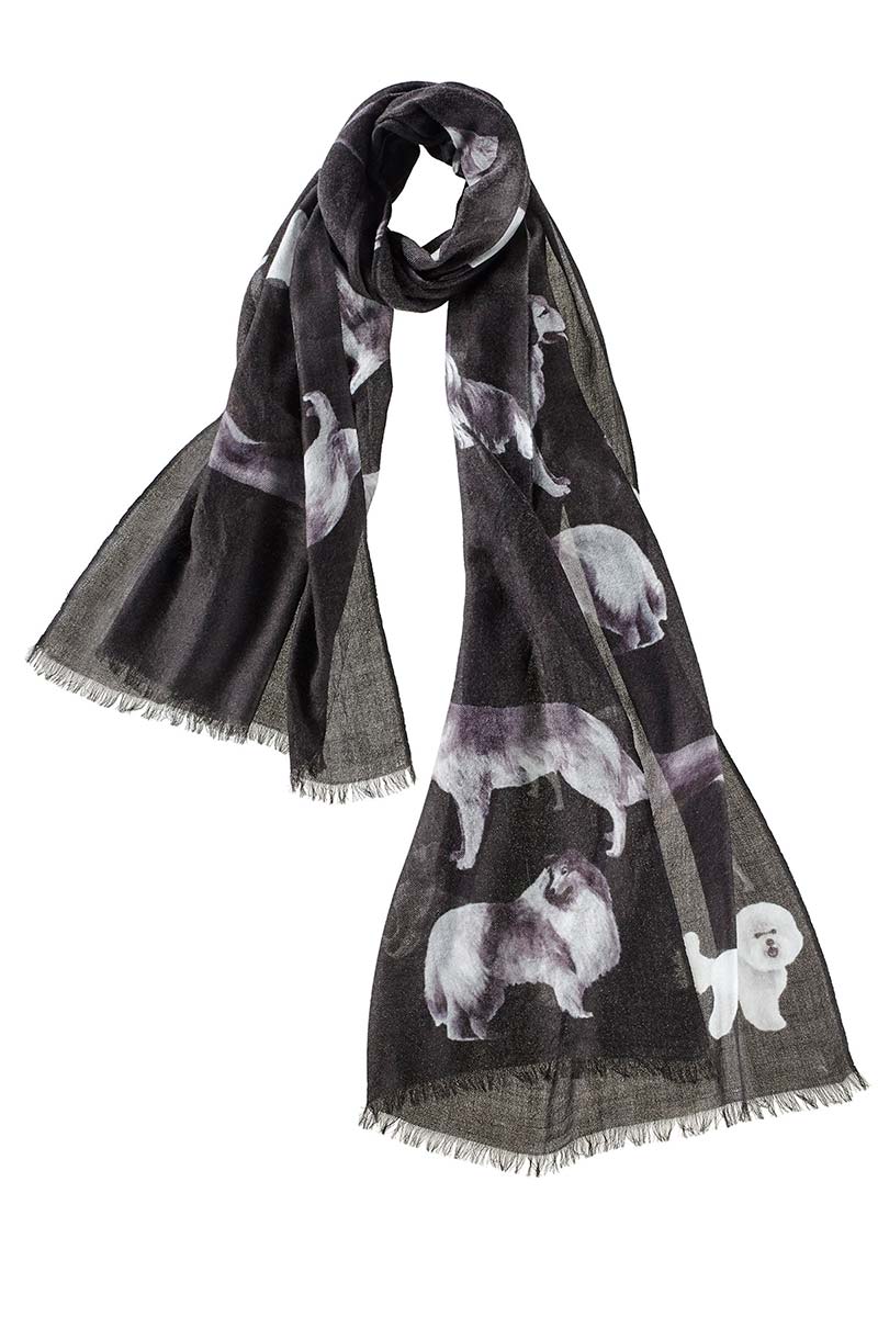 Alpine Cashmere's Dog's Life Scarf, featuring an illustrated print of dogs, in black