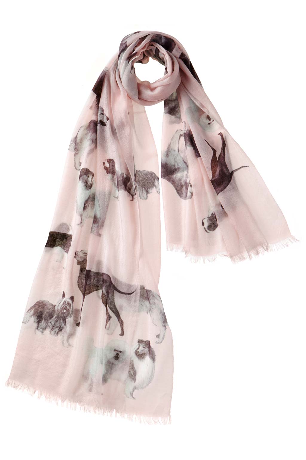 Alpine Cashmere's Dog's Life Scarf, featuring an illustrated print of dogs, in blossom pink