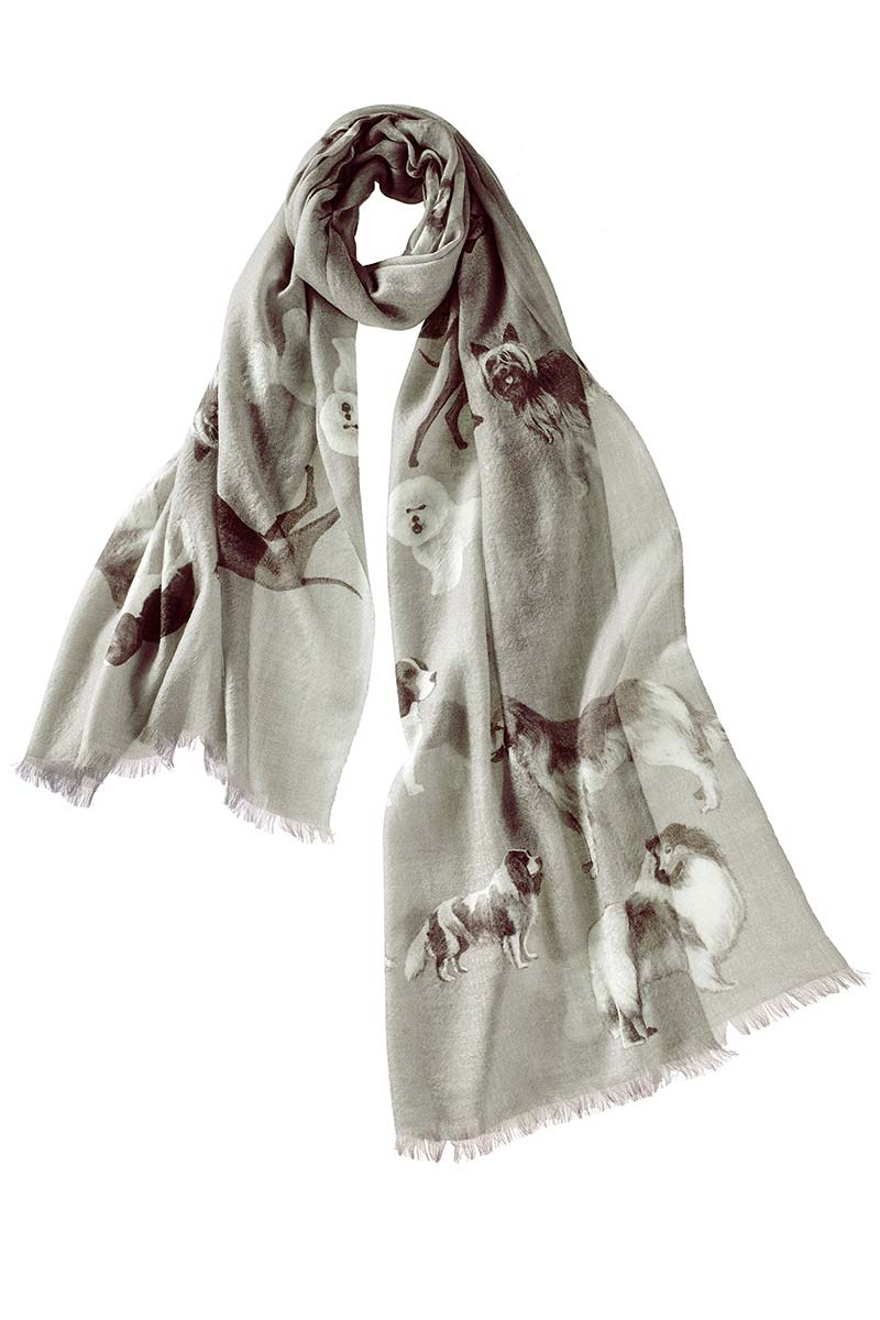 Alpine Cashmere's Dog's Life Scarf, featuring an illustrated print of dogs, in thunder gray