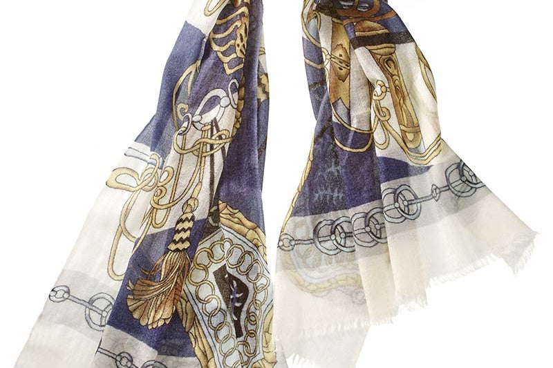 Alpine Cashmere Featherweight Printed Spada Scarf in Navy Blue and Ivory